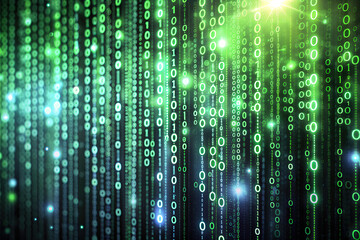 binary code streams glowing green on dark background