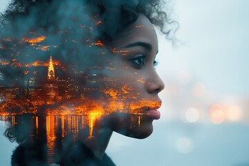 Wall Mural - Young woman combining with cityscape at night in double exposure portrait