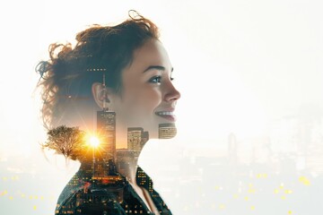 Wall Mural - Young businesswoman smiling with city skyline double exposure concept