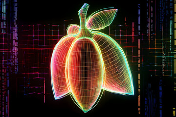 Wall Mural - Futuristic neon outline of a starfruit with glitch effects isolated on black background.