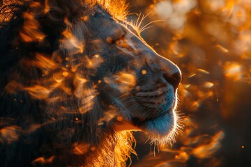 Wall Mural - Majestic lion posing with fire burning around its head