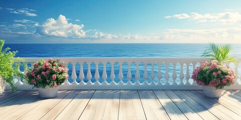 Wall Mural - beautiful scene of home balcony view with luxury wooden floor on blue sea background 