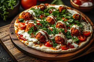 Wall Mural - Delicious pizza topped with meatballs, fresh tomatoes, and drizzled with sauce.