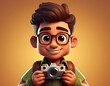 © imaginart - 3D cartoon boy with glasses smiles while holding a camera
