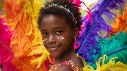 Wall Mural - Vibrant Brazilian Youth in Colorful Carnival Dancer Attire with Feathers Against Festive Backdrop