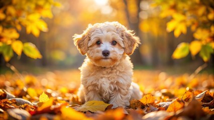 Adorable Maltipoo puppy sits amidst vibrant fallen leaves and rusty twigs on a sunny autumn day in a peaceful park, surrounded by nature's warm colors.