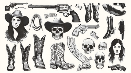 Poster - Wild West Illustration Set - Guns, Boots, and Skulls