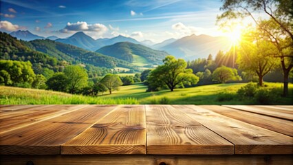 Poster - Wooden table with a stunning landscape view in the background, wooden, table, landscape, nature, scenery, view, peaceful