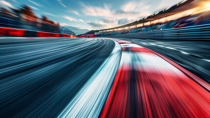 Formula one racing circuit with motion blur and grandstand stadium