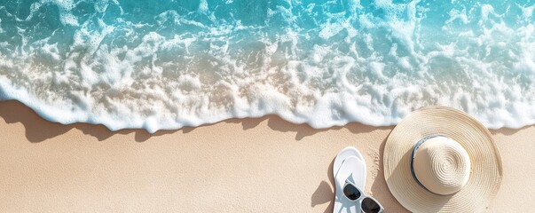 Wall Mural - sand beach and clear water background banner design with summer white hat, sunglasses, flip flop and empty space for text 