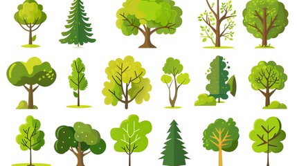 Green summer forest tree flat vector icons