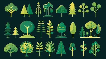 Green summer forest tree flat vector icons