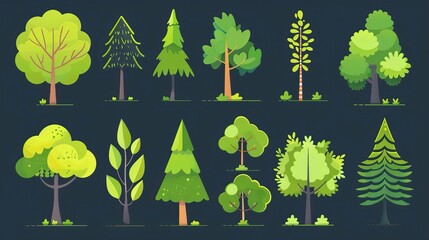 Green summer forest tree flat vector icons