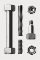 Poster - Close-up shot of a collection of screws and nuts on a white background, suitable for DIY or industrial use