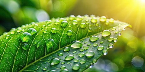 Canvas Print - Raindrops glistening on a fresh green leaf in a garden , water drops, raindrop, backgrounds, droplets, environment, freshness