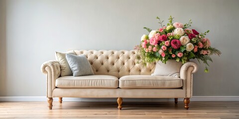 Sticker - Cozy sofa adorned with fresh flowers, home decor, interior design, living room, floral arrangement, cozy, comfort