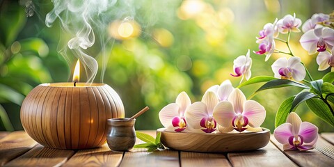 Sticker - Spa setting with aromatherapy diffuser, orchid flowers, and soft lighting for relaxation , spa, aromatherapy, diffuser