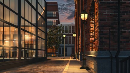 Wall Mural - Urban scene with brick wall columns street lamp modern building and road