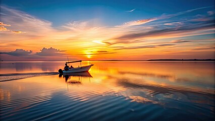 Sticker - A serene scene of a boat gliding across the water at sunset, sunset, boat, water, tranquil, peaceful, sky, reflection, dusk