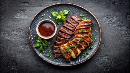 Canvas Print - Grilled meat with teriyaki sauce on a plate , Asian, cuisine, delicious, barbecue, traditional, flavorful, food, restaurant