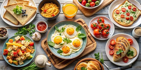 Wall Mural - Variety of egg dishes for breakfast , eggs, breakfast, cooking, morning, meal, scrambled, fried, boiled, omelette, healthy