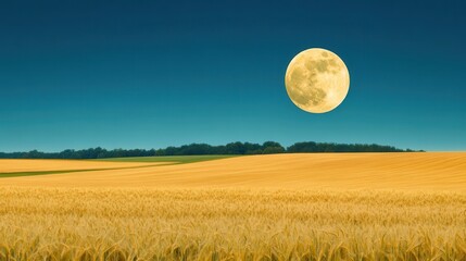 Poster - Full Moon Over a Field of Wheat.