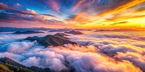 Poster - Aerial shot of sunset scene with pastel-colored cloud above mountains, aerial, sunset, scene, pastel, cloud, mountains