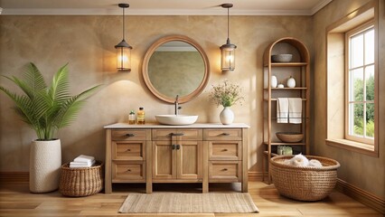 Wall Mural - Warm beige walls, rustic oak vanity, and rattan accents harmonize in a serene bathroom oasis, evoking wabi sabi charm with earthy brown and creamy white hues.