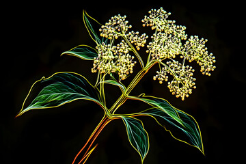 Wall Mural - Vibrant neon elderberry flower isotated on black background.