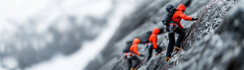 Adventurous climbers ascend a rugged mountain slope, showcasing determination and teamwork against a stunning backdrop of snow.