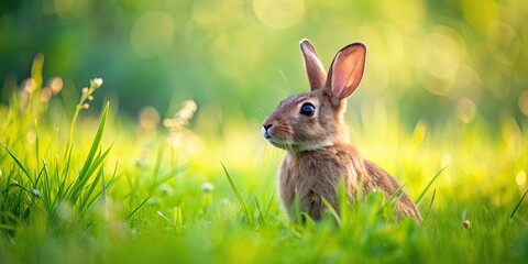 Sticker - Rabbit surrounded by lush green meadow, rabbit, meadow, nature, wildlife, green, grass, animal, cute