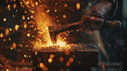 Canvas Print - A person works on a piece of metal using a hammer, focusing on the task at hand