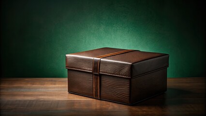 Wall Mural - Dark colored gift box with leather pattern on table against a green dark tones background , gift box