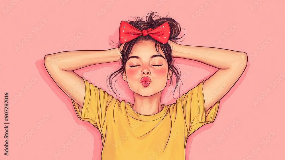 Cartoon Girl In A Yellow Shirt Tying Her Hair With Two Red Bows 
