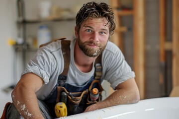 Wall Mural - A man with a beard and glasses is sitting in front of a bathtub