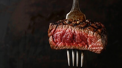 Close up shot of a juicy medium-rare steak on a fork, showing its delicious grilled exterior and red interior.