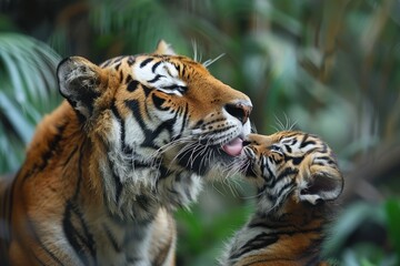 a mother tiger is licking her baby