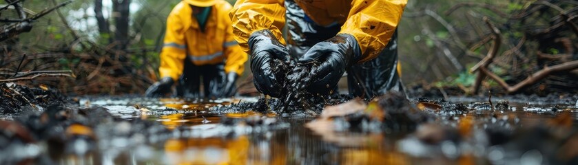 two people in yellow rain gear are digging in the mud