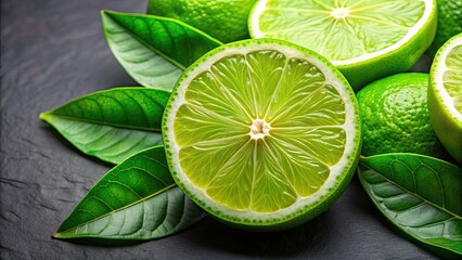 A vibrant green citrus fruit sliced open with a fresh leaf attached, citrus, fruit, green, vibrant, sliced, fresh, leaf, intact