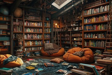 Wall Mural - A cozy study library with many books and furniture