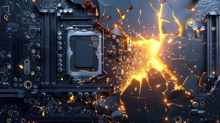 Canvas Print - Glowing Abstract Motherboard with Cracked Sparks and Damaged Tech Hardware Background