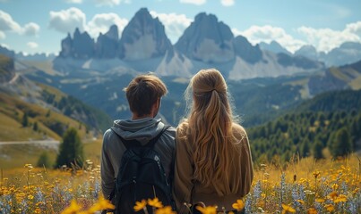 A delighted couple is spending summer in a grassy field, exploring the Italian Dolomites Alps; two lovers are enjoying a nature-filled day trip.