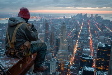 A man is sitting on a ledge overlooking a city at night