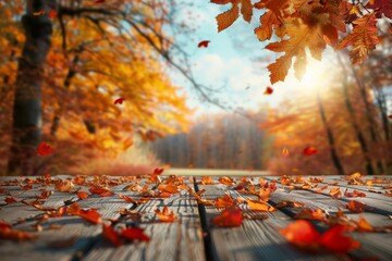 Wall Mural - wooden table with autumn leaves