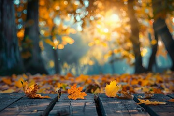 Wall Mural - wooden table with autumn leaves