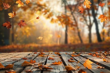 Wall Mural - wooden table with autumn leaves