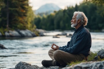 Wall Mural - Serene Senior Practicing Deep Breathing by River - Finding Calm in Nature with Double Exposure Riverside Backdrop for Copyspace