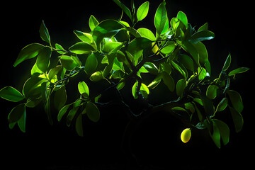 Wall Mural - Neon silhouette of a limequat tree isotated on black background.