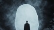 © Alpha - A shadowy figure stands at the entrance of a dark, foreboding cave, surrounded by a misty, eerie atmosphere, perfect for a Halloween theme