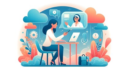 flat illustration of a teacher giving an online class,